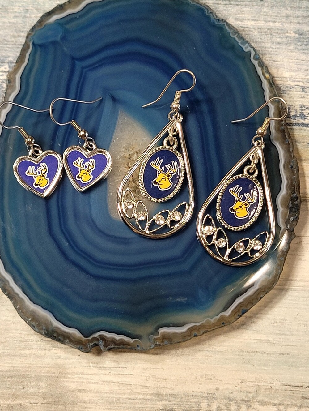 Blue and Yellow Reindeer Teardrop & Heart Earrings Set